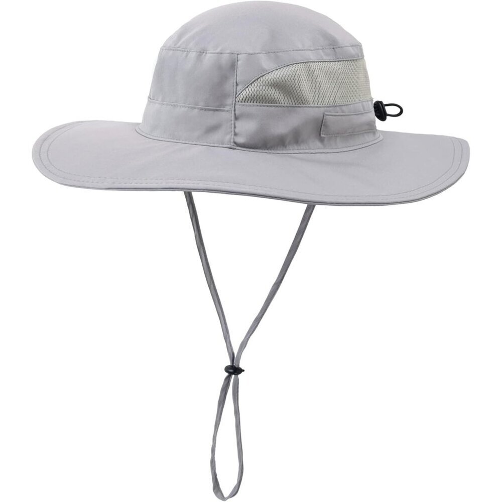 Unisex Light Grey 100% Polyester Wide Brim Mesh Chin Strap Classic Camping Hat